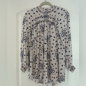 Boho Free People Cream and Blue Patterned Blouse, Embroidery, Flowy, Medium
